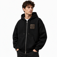 Sweat à capuche homme noir ultra lourd 500 g/m² avec logo personnalisé OEM, double fermeture éclair, patch en cuir tête de taureau gothique