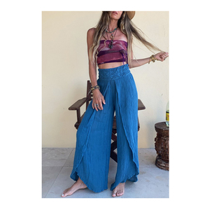 2021 ผ้าฝ้ายลูกไม้ด้านข้างSlit Smocked Bohoขากว้างหลวมกางเกงผู้หญิง - Product Image 6