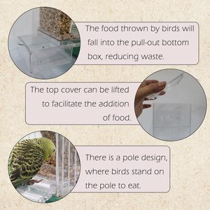 מזין ציפורים אוטומטי לכלוב - ללא לכלוך, מזין תוכים בתוך הכלוב עם מוט שקוף ומיכל אקרילי לזרעים - Product Image 4