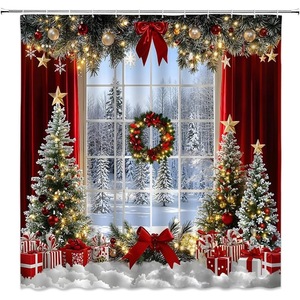 Cortina de Ducha de Poliéster con Diseño Navideño Verde, Cortina de Baño con Impresión Digital, Impermeable, Impresión Personalizada, Venta al por Mayor, Moderna - Product Image 2