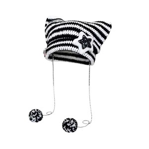 MADESHINE Y2K Bonnet d'hiver en jacquard rayé, tricoté, avec oreilles de chat mignonnes, croix étoilée, cornes de <span class=keywords><strong>diable</strong></span>, chaud, crocheté, broderie 3D, plage - Product Image 1
