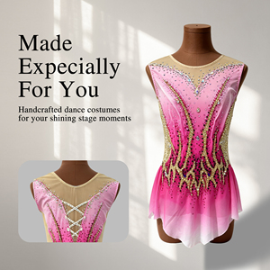 Maillot de Gimnasia Artística Degradado Rosa con Malla en el Cuello, Vestido de Patinaje Artístico con Pedrería, Traje de Actuación sin Mangas - Product Image 1