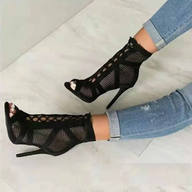 2023 Summer Lace Up Pumps Cross-Tied High Heels Sandal Ankle Fashion Mesh Patchwork Dance Shoes Black Sexy Boots Women Shoes