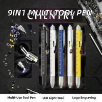 Stylo bille multifonction 9 en 1 1,0 mm avec lumière LED, règle, tournevis, niveau, ouvre-bouteille, logo personnalisé