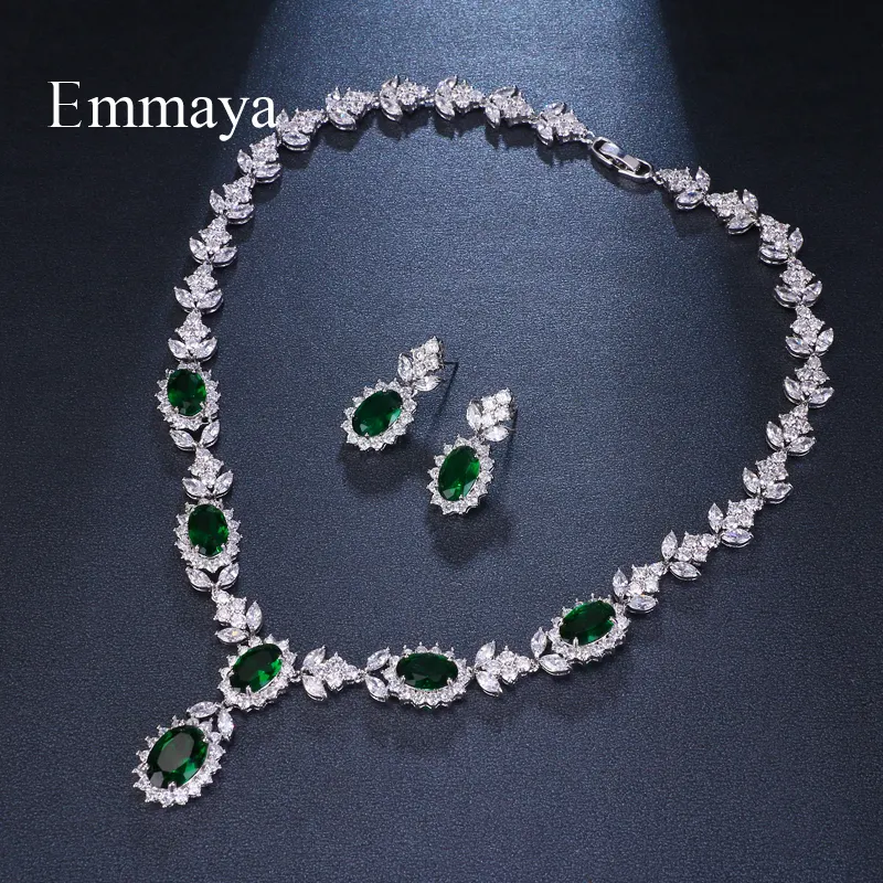 Emmaya Brand Fashion Luxury Cubic Zirconia Bridal Jewelry Sets Green Oval Crystal Rhinestone Party Wedding Jewelry Necklace Sets