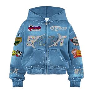 कस्टम 400 जीएसएम परेशान कढ़ाई एसिड सूर्य ने धुलाई हुई ज़िप ऊपर हिस्टोन हुडी पुरुषों - Product Image 1