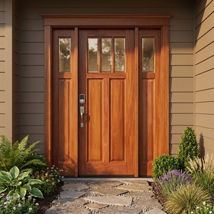 Porte d'entrée principale en bois massif de style artisanal américain, teck, acajou, Sungkai, avec panneaux latéraux - Product Image 4