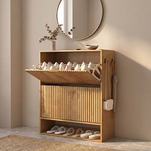 Lumio Modern Fluted Wood <strong>Shoe</strong> Cabinet 2 Flip Drawers Bottom Open Shelf Side Hooks Adjustable Shelves Freestanding Slim 24-35 - Product Image 1