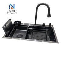 Évier de cuisine multifonctionnel moderne en acier inoxydable 201/304, simple ou quatre bacs, en laiton fait main noir, avec robinet cascade intelligent extractible