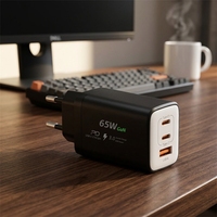 Chargeur GaN 65W en gros, triple port PD3.0 QC3.0, 2 ports USB-C, charge rapide, prise EU, certifié CE pour smartphone, ordinateur portable, tablette