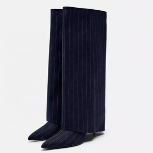 Botas de tacón alto fino con punta, de tela superpuesta, estilo stiletto, con rayas, para mujer, plegables por encima de la rodilla - Product Image 1