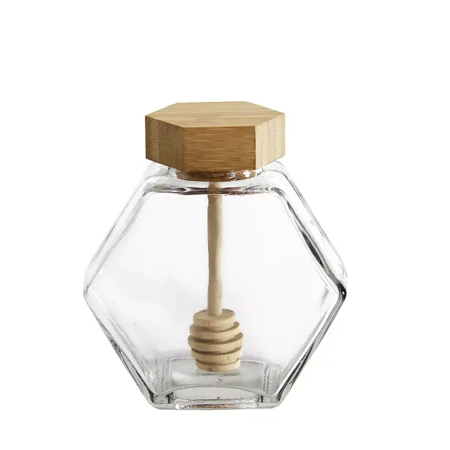 木製のふたが付いている380Ml広口の食品等級の六角形のガラス蜂蜜の瓶