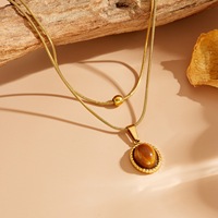 Collier pendentif en pierre œil de tigre, double couche, en acier inoxydable, chaîne serpent ronde, accessoires en or 18 carats, TGXL10532