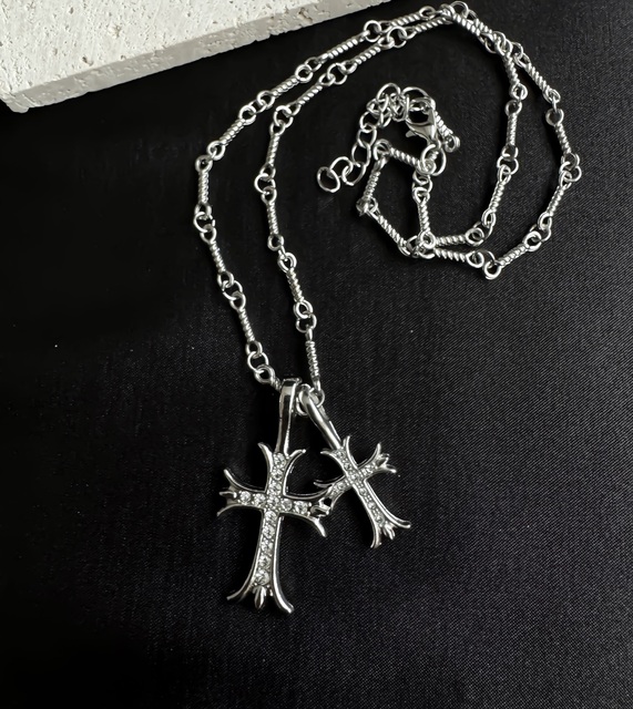 Accessories Manufacturers Vintage Silver Jewelry Rhinestone Men Double Cross Pendant Necklace Women