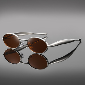 Lunettes de soleil rétro ovales en métal unisexe, monture intégrale, protection UV400, verres marron, pour la conduite et les activités de plein air, style tendance - Product Image 1