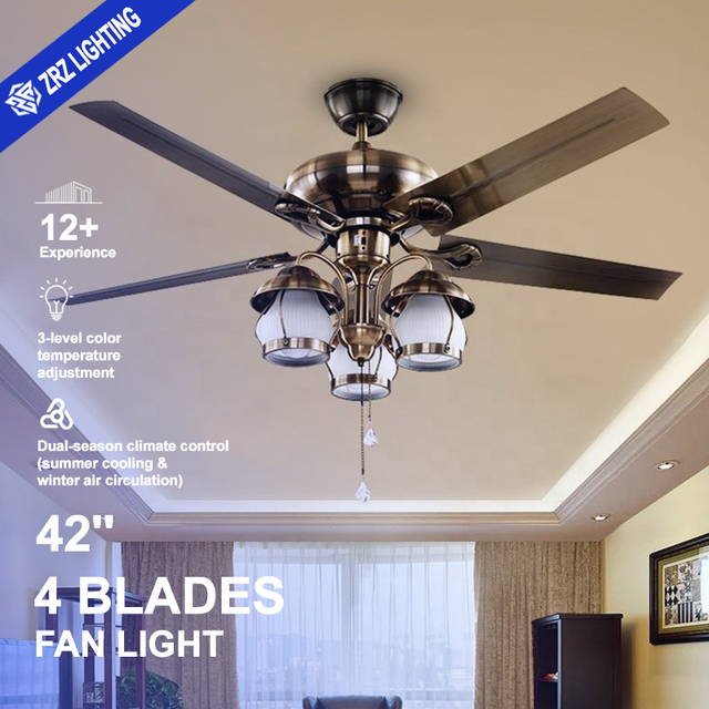 42 Inch Metal/Wood Blades Modern Decorative Ceiling Fan with Remote Control Iron LED Light Chandelier
