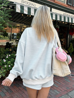 Ensemble assorti 2 pièces rayé rose et blanc pour femme, sweat-shirt oversize à col rond et short à cordon de serrage, tenue décontractée pour la maison