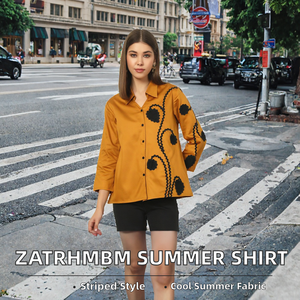 Chemise boutonnée jaune moutarde pour femme avec motif contrasté noir, manches trois quarts, coupe décontractée ample en popeline - Product Image 2
