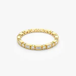 VLOVE Engagement Ring Moissanite Cuban Chain 9k 10k 14k 18k Baguette & Round Diamond Milgrain Bezel Full Eternity Ring Jewelri D