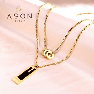 Ason Nouvelle Mode Bijoux En Acier Inoxydable Collier Trois Rond Creux Pendentifs Rectangulaire Noir Goutte D'huile Double Chaîne Collier - Product Image 1