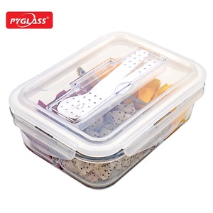 Pyglass 36oz Bento ăn trưa Box Set 3 ngăn Glass <span class=keywords><strong>container</strong></span> thực phẩm với đồ dùng muỗng nĩa dao nắp BPA free - Product Image 1