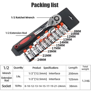 12pcs 1/2 Inch Socket Wrench Set Metric Impact Sockets Ratchet Spanner Complete Tool Kit Professional Garage Repair Tool - Product Image 5