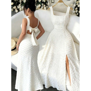 Robe longue texturée sans manches à col carré pour femme avec détail nœud au dos et fente latérale, idéale pour demoiselle d'honneur ou invitée de mariage - Product Image 2