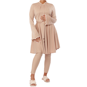 Willson Striped Burkini 2-Piece <b>Set</b> Beige & Tan Quick Dry Spandex/Nylon Fabric Waterproof <b>Plus</b> <b>Size</b> Swimwear with Legging Turban - Product Image 1