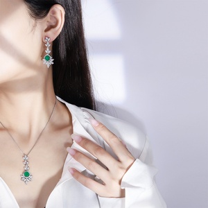 Vintage Eco-friendly Copper Gold Plated Bridal Pendant Earrings Set 8*8MM <b>Emerald</b> Green Zircon Jewellery Set for Women - Product Image 6