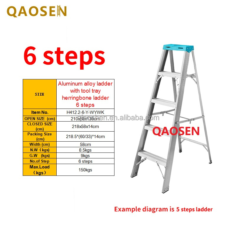 6 steps Aluminum ladder with tool tray herringbone ladder