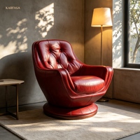 Fauteuil club pivotant de style mid-century moderne en cuir bordeaux capitonné avec base sur piétement pour salon ou bureau