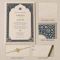 Ensemble d'invitations de mariage musulmanes traditionnelles de luxe, cartes en papier imprimées sur mesure avec motif mosaïque complexe et options de cadres multicolores