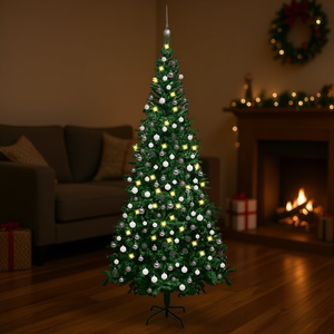 Árbol de Navidad Artificial Verde Preiluminado de 94.5 Pulgadas con Luces LED Blancas Cálidas, Decoración con Bolas, Base para Interiores - Product Image 2