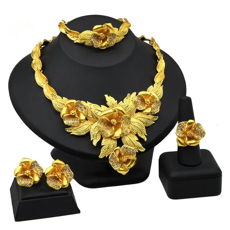 Set di gioielli placcati oro 24 carati indiani orecchini di collana africani da sposa per le donne da sposa nigeriano Dubai 4 pezzi Set regali per feste