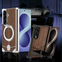 Casing Belakang Samsung Galaxy Z Fold 8 7 8 Ultra dengan Pelindung Engsel Magnetik, Snap Elastis, Bingkai Aluminium Metal Tanpa Rangka, dan Stand Kayu Asli