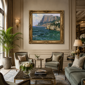 Dipinto a Olio di Scena Costiera con <span class=keywords><strong>Scogliera</strong></span>, Cornice Dorata Vintage, Paesaggio Mediterraneo su Tela, Dipinto a Mano, Dimensioni Personalizzabili per <span class=keywords><strong>Hotel</strong></span> - Product Image 3