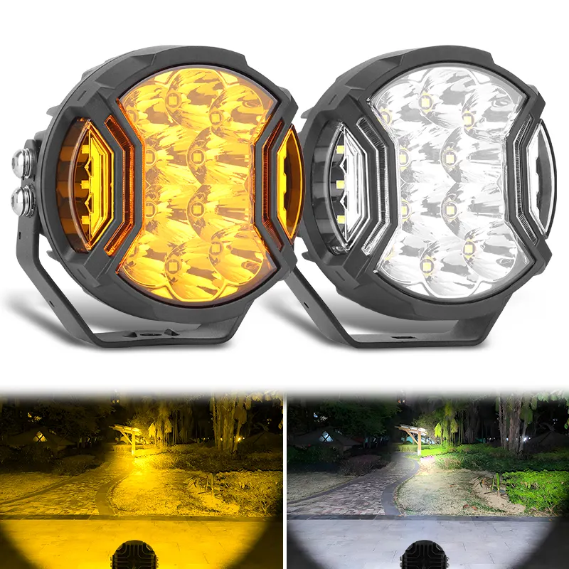 ไฟสปอตไลท์สำหรับขับรถสีอำพัน DRL ไฟ LED กลมขนาด5นิ้วสำหรับรถกระบะออฟโรด4x4สีขาว