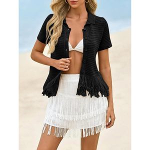 Fisoew Womens Crochet <b>Cardigan</b> <b>Short</b> <b>Sleeve</b> Fringe Collared Button Up Sweater Tops Boho <b>Summer</b> Vacation Shirts - Product Image 3
