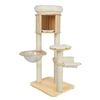 Arbre à chat en bois massif, style campagnard, avec structure d'escalade, nid et capsule spatiale intégrée, design peu encombrant, en carton