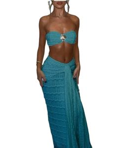 Sommer Neu Damen Formelles Sexy Einfarbiges Strick-Bustier-Top Schmal Geschnittener Knielanger Rock 2-teiliges Set Unifarben - Product Image 2