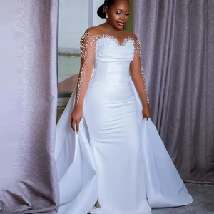 Vestido de novia de satén plisado de sirena de manga larga con perlas brillantes personalizadas impresionantes árabe Aso Ebi <span class=keywords><strong>para</strong></span> novia ilusión - Product Image 1