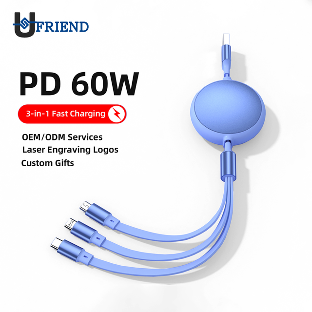 PD 60W 3-in-1 Retractable Fast Charging Cable, Multi USB Type-C/Micro/Lightning Charger Cord for IPhone/Android