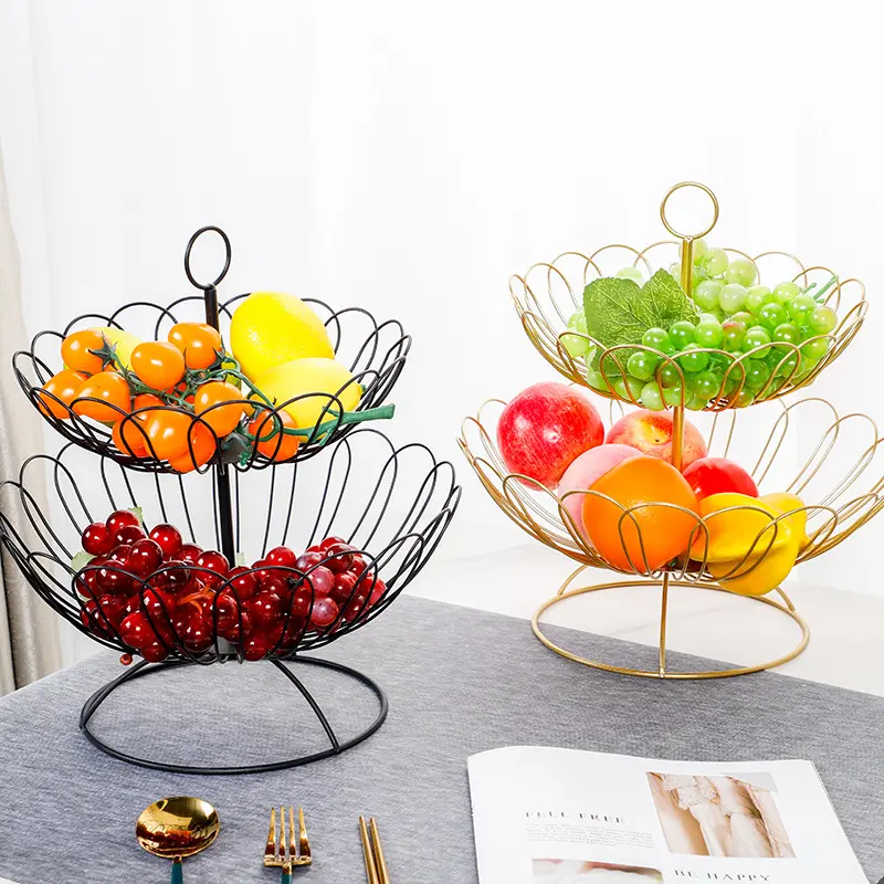 Home Modern 2 Tier Countertop Metal Wire Fruit Basket Kitchen Decorative Detachable Vegetables Fruit Storage Basket Stand