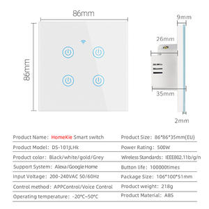 Interrupteur intelligent Wi-Fi standard UE compatible Apple <span class=keywords><strong>HomeKit</strong></span>, commande vocale Siri, système Android, matériau ABS, 220 V max, panneau tactile neutre - Product Image 4