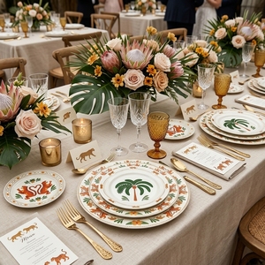 Ensemble de vaisselle en céramique de luxe, motif tigre de la jungle, léopard, palmier tropical, vaisselle en porcelaine rétro, assiette ronde pour salade et dessert - Product Image 5
