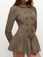Robe Mini Marron de Fabricant Joydressing, Col Peter Pan, Double Boutonnage, Ourlet Évasé, Ceinturée, Vente en Gros