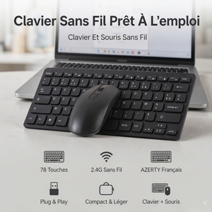 Ensemble clavier et souris AZERTY 78 touches sans fil 2,4 GHz, disposition française native pour PC portable, usage bureautique, vente en gros d'usine, logo personnalisé - Product Image 1