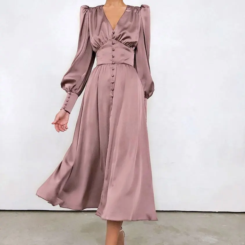 Robe longue en satin de soie vintage, élégante, européenne et américaine, modeste, moulante, décontractée, pour femmes, 2022