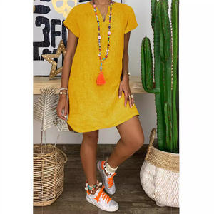 Robe d'été en lin de coton à manches courtes et col en V, couleur unie, mode féminine, vêtements confortables et respirants - Product Image 2