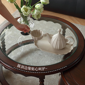 Vintage Style Round Solid Wood Coffee Table <b>Set</b> With Glass Top And Storage For Living Room - Product Image 3